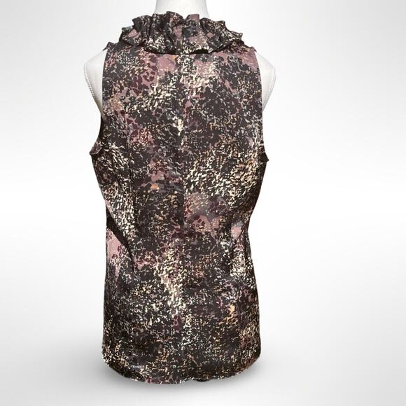 ANN TAYLOR Sleeveless Satin Blouse Ruffle Neck Abstract Print Elegant Top Sz 8 - Picture 4 of 9